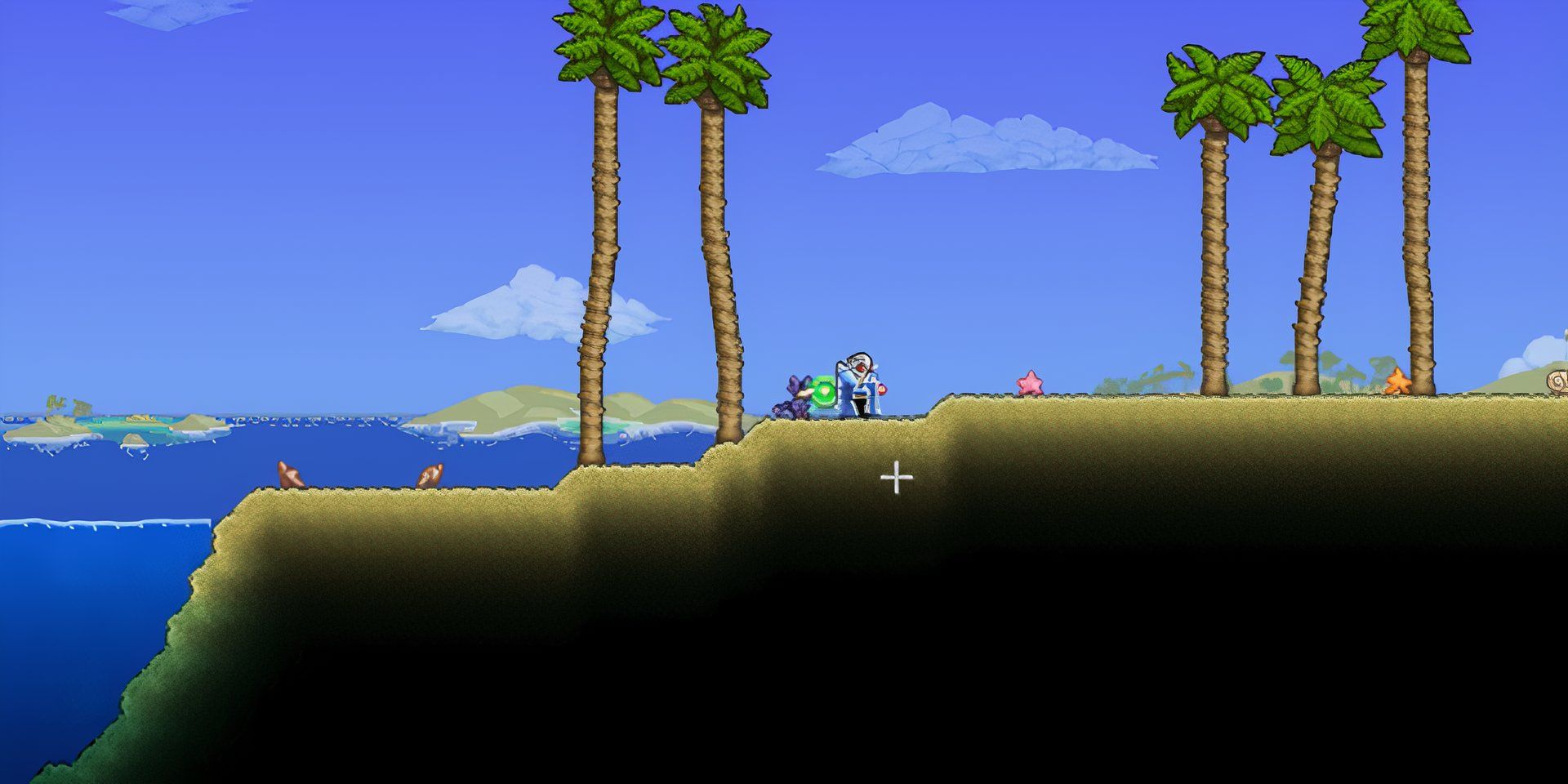 O jogador está na praia leste em Terraria