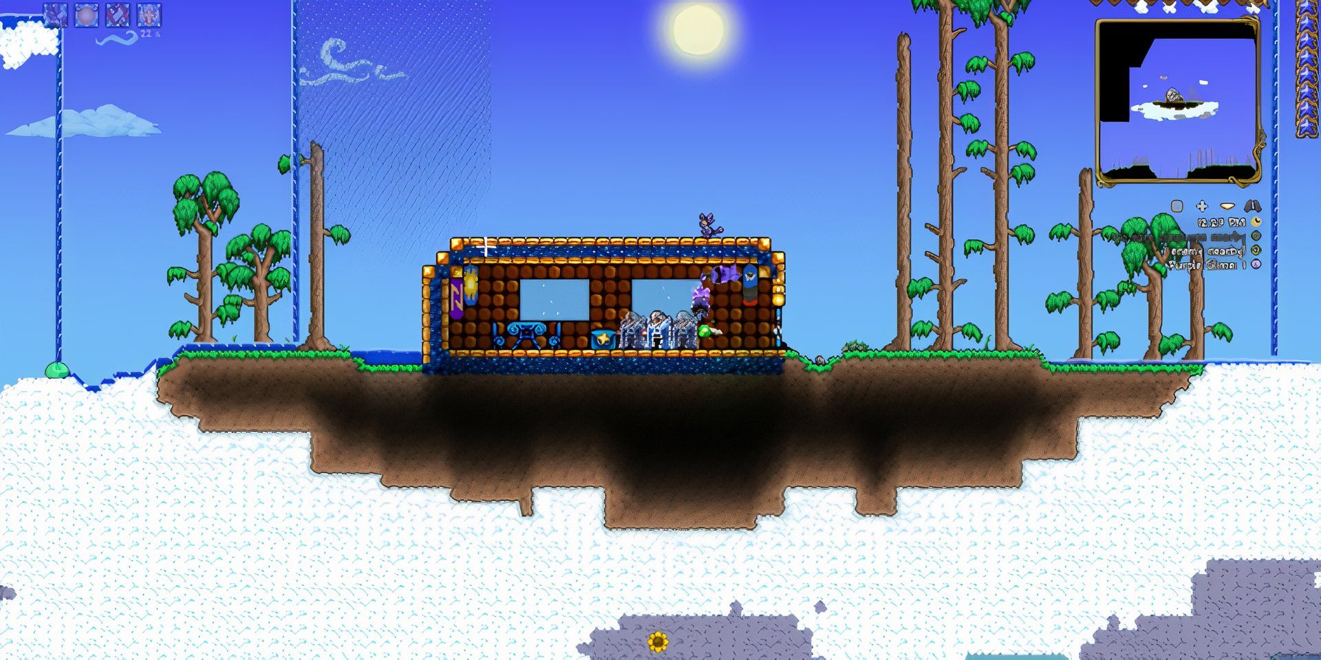 Jogador em uma ilha flutuante em Terraria