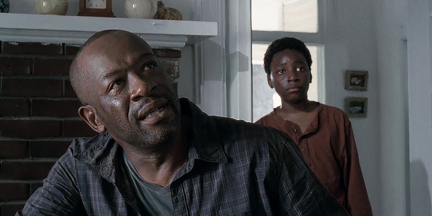 Morgan looking up at someone in his home as Duane looks on in The Walking Dead