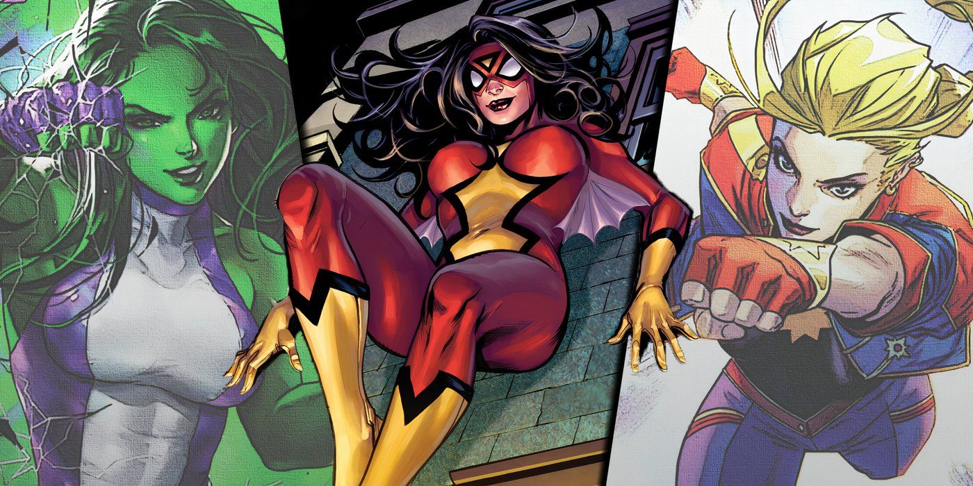 Split image of She-Hulk, Spider-Woman, and Captain Marvel from Marvel Comics