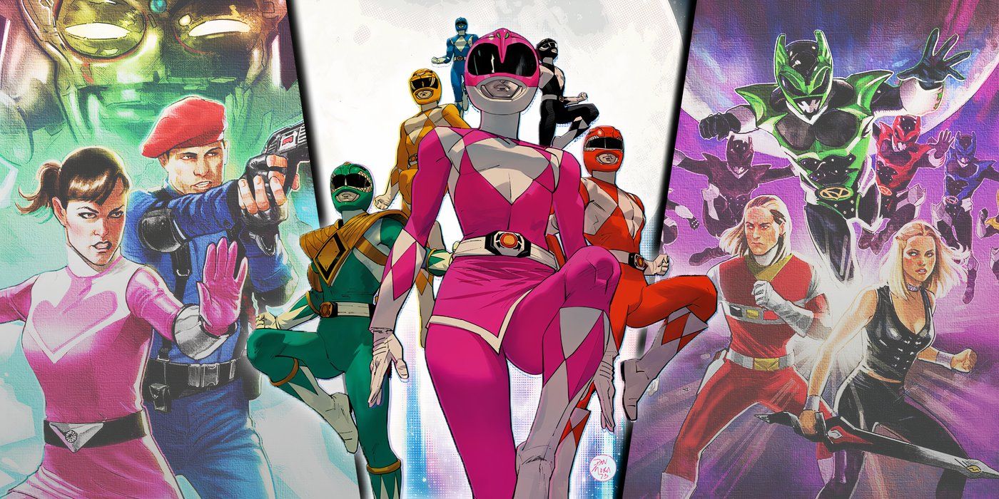 Split image of the Power Rangers comics with characters from the various TV series