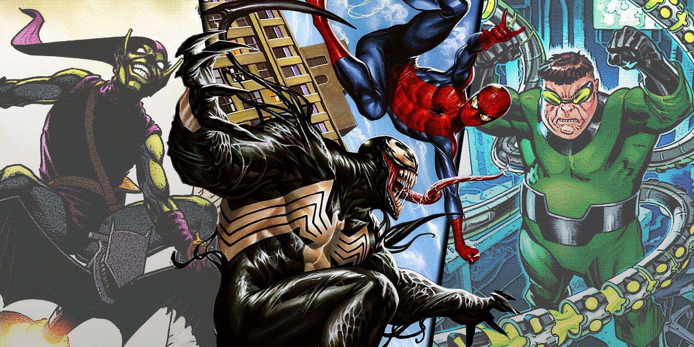 Split image of Green Goblin, Venom fighting Spider-Man, and Doctor Octopus from Marvel Comics