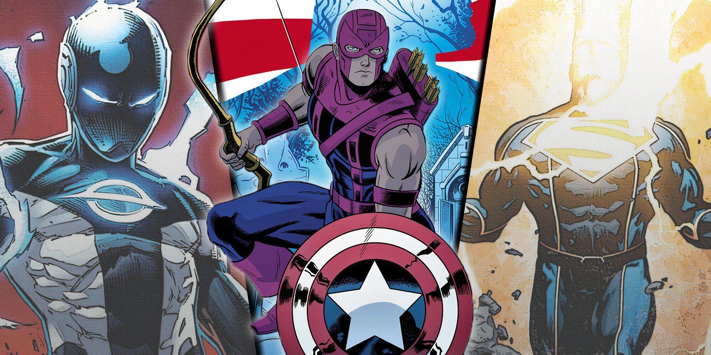 Shared image of Radiant Black, Hawkeye holding Captain America's shield, and Superman being enveloped by lightning from DC's Futures End