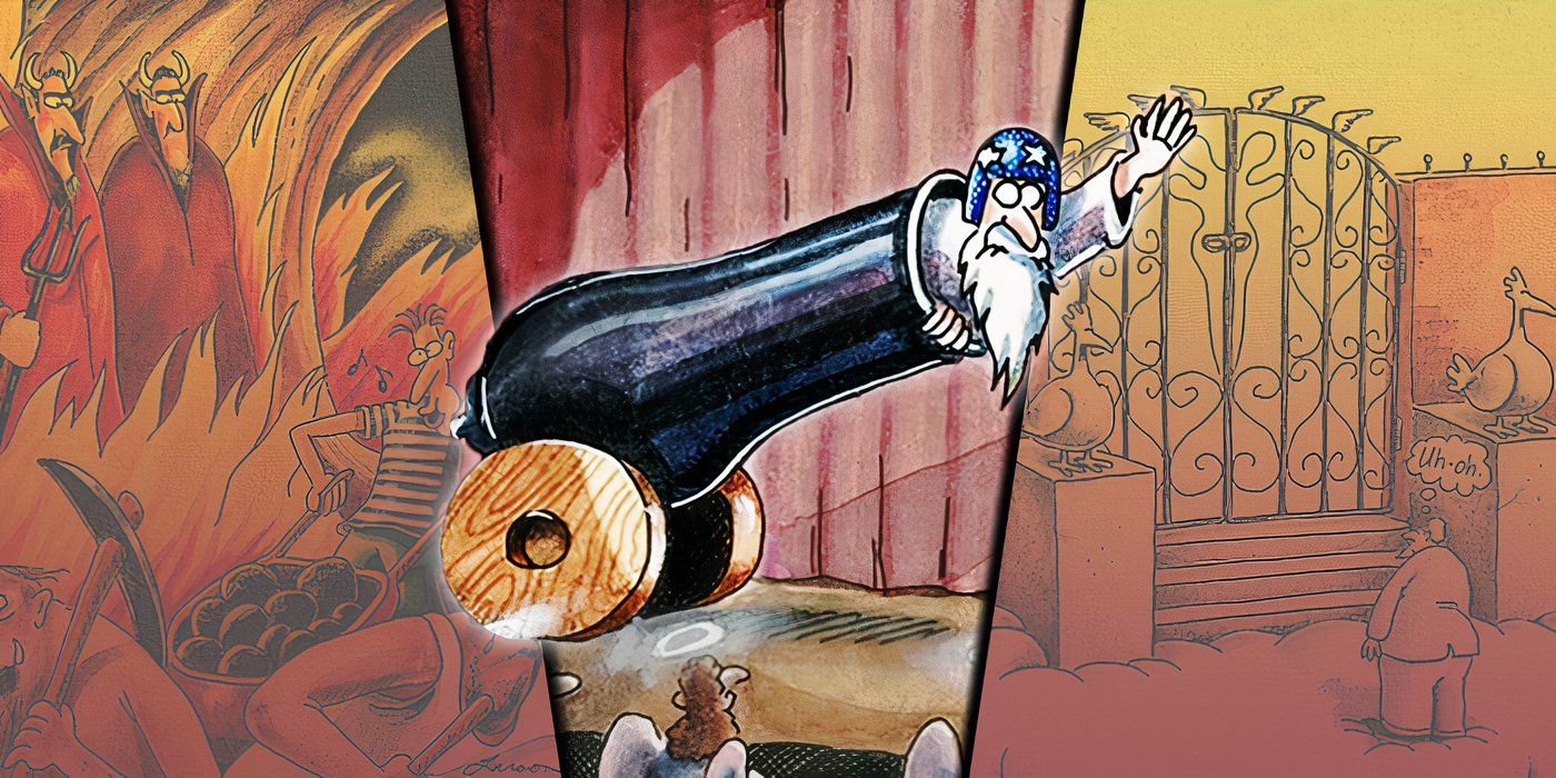 God in a cannon with depictions of heaven and hell from Gary Larson's comic The Far Side