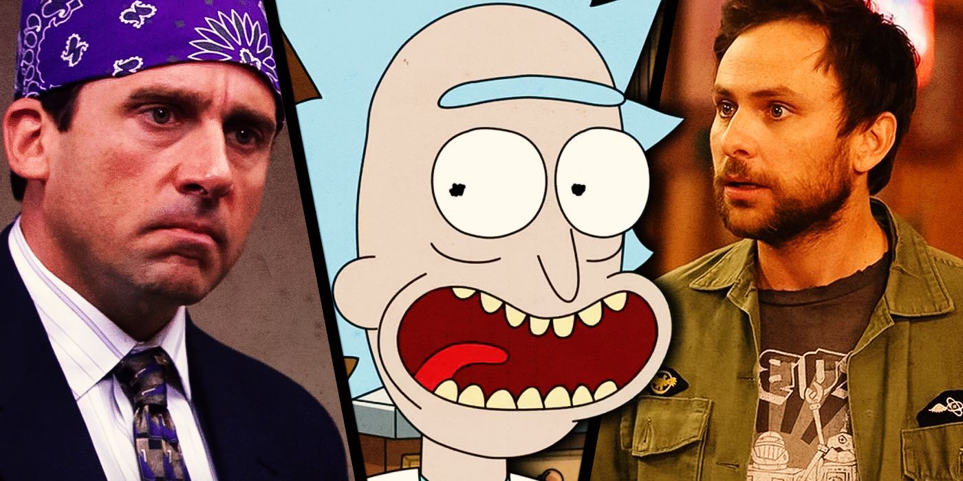 Steve Carell at the office, Rick de Rick & Morty and Charlie Day in It's Always Sunny in Philadelphia