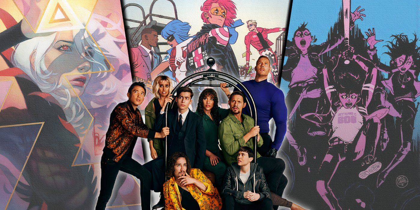 Cast of The Umbrella Academy with indie comic covers for Die, The Killjoys and Deadly Class