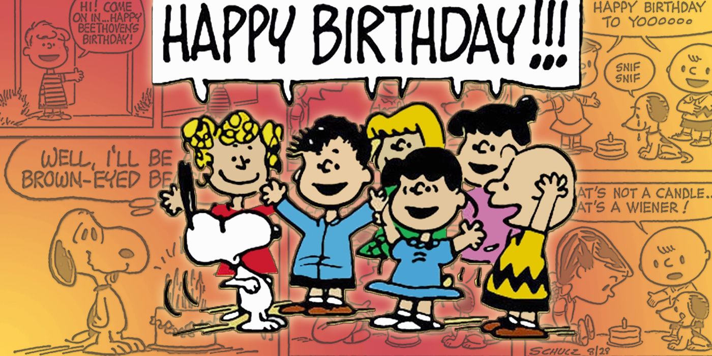 Collage image of Peanuts characters celebrating birthdays