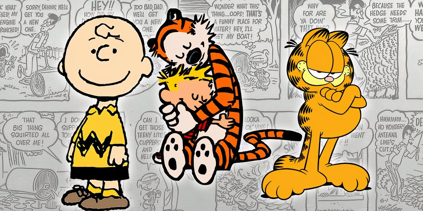 Charlie Brown, Calvin & Hobbes and Garfield with a Dennis the Menace comic in the background