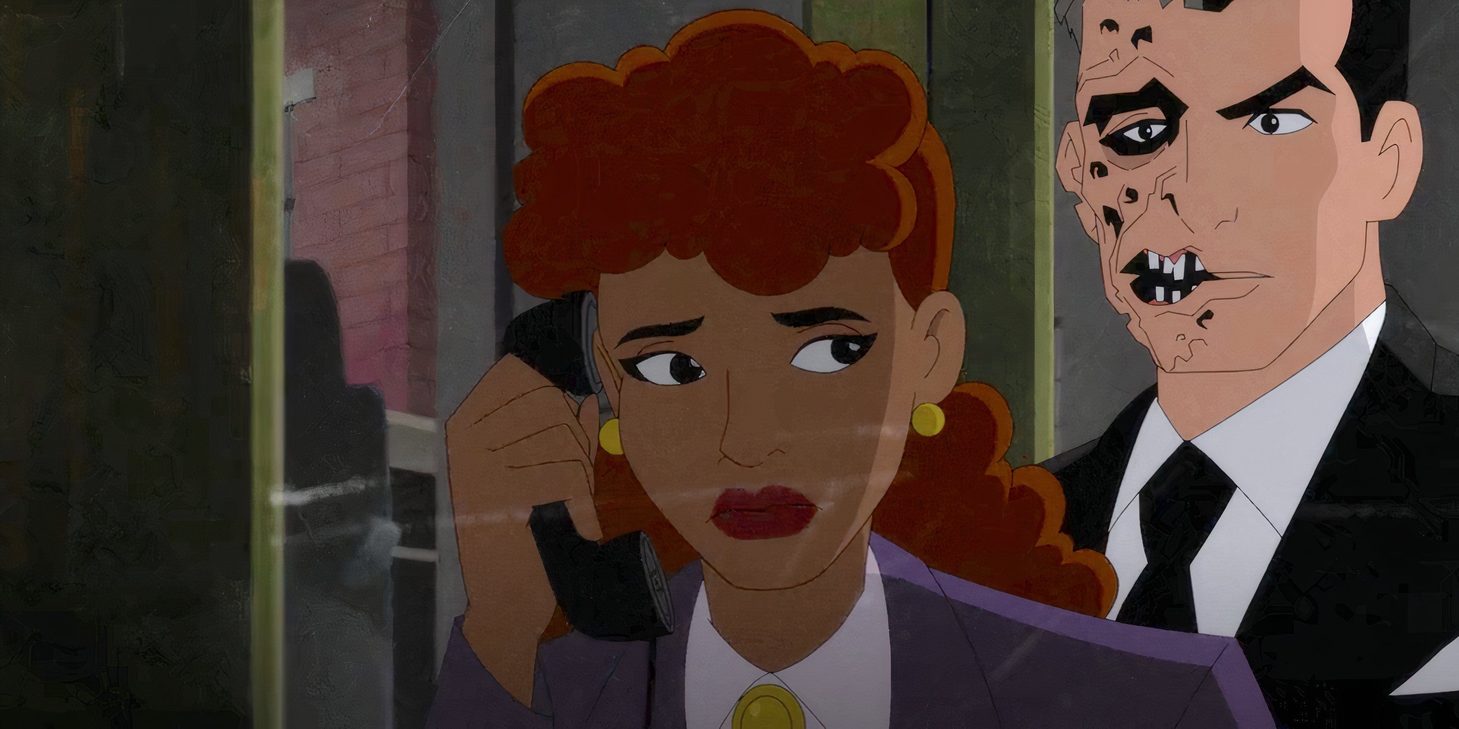 Barbara Gordon uses a payphone, behind her stands Harvey Dent in Batman Caped Crusader