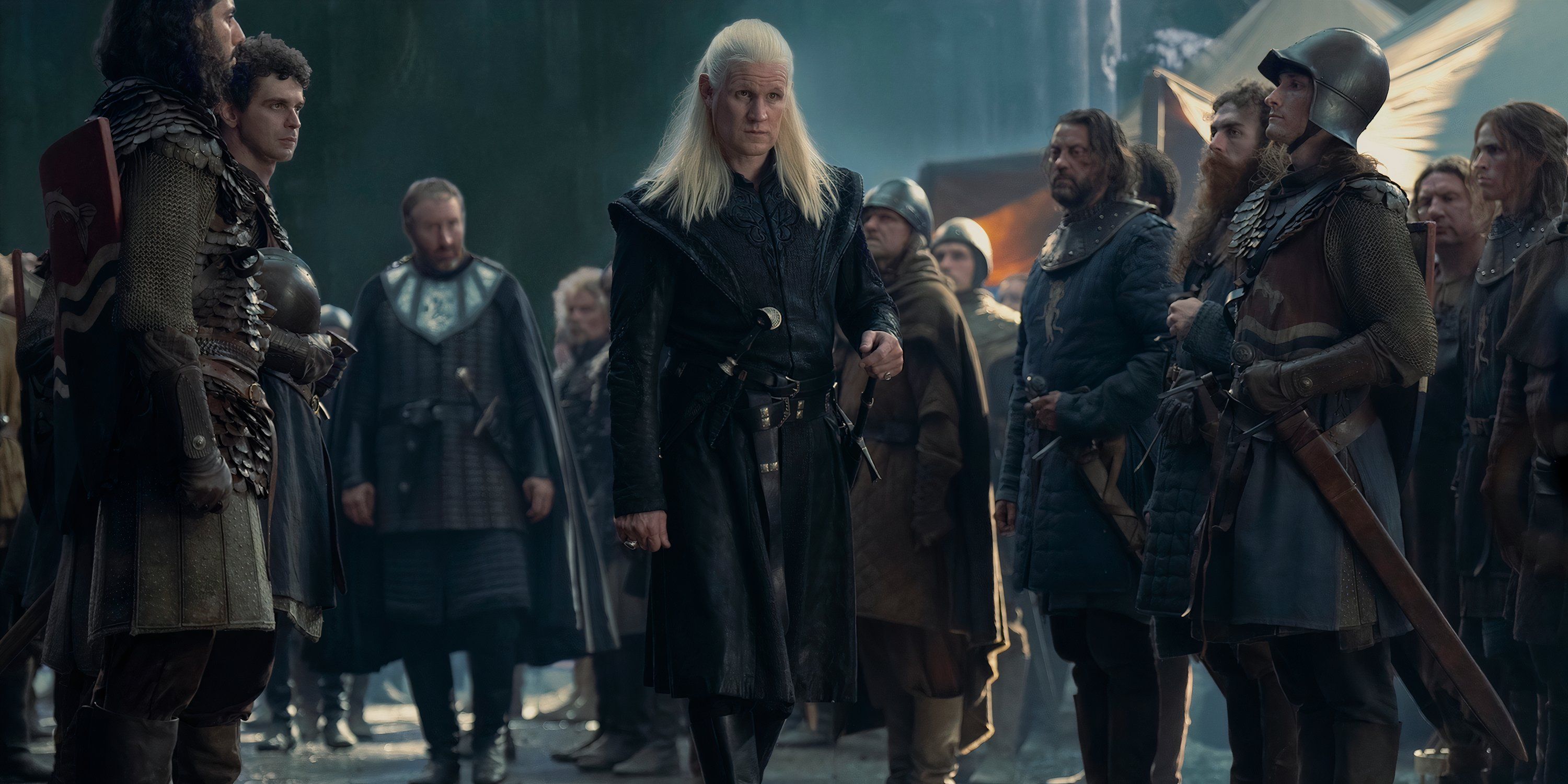 Daemon meets Rhaenyra as his men watch in House of the Dragon.