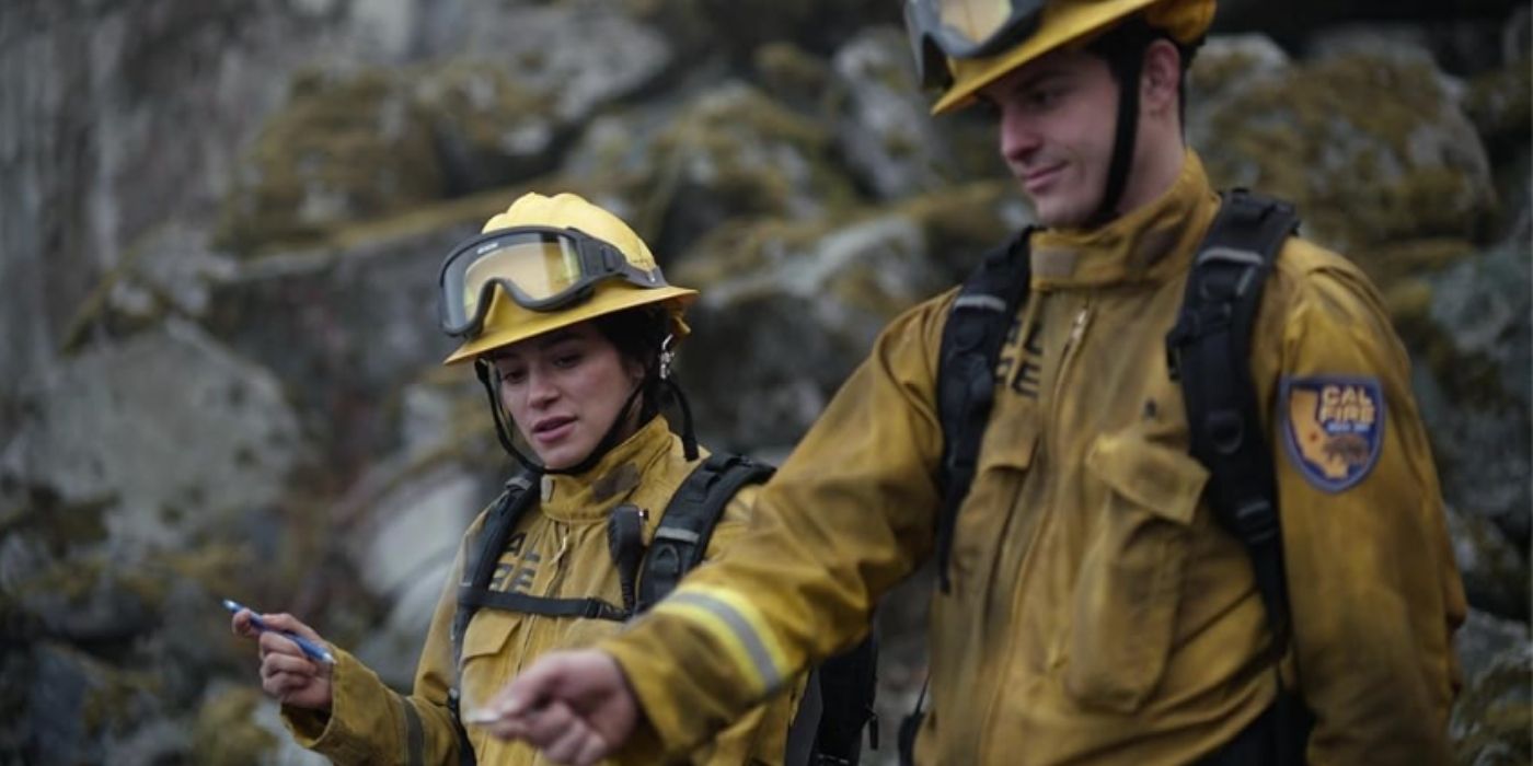 Stephanie Arcila as Gabriela Perez and Zach Tinker as Collin O'Reilly test wind direction on Fire Country