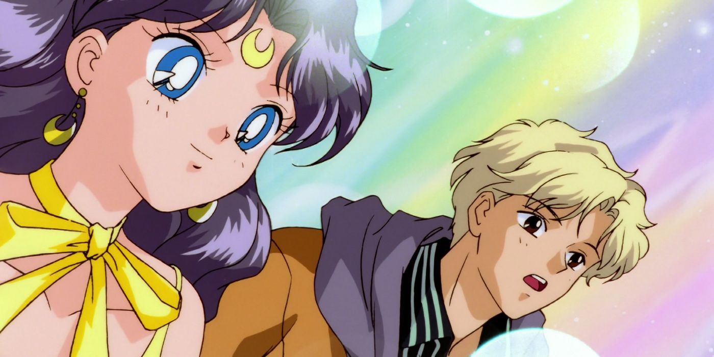 A closeup of Human Luna flying through space with Kakeru in Sailor Moon S The Movie Hearts In Ice.