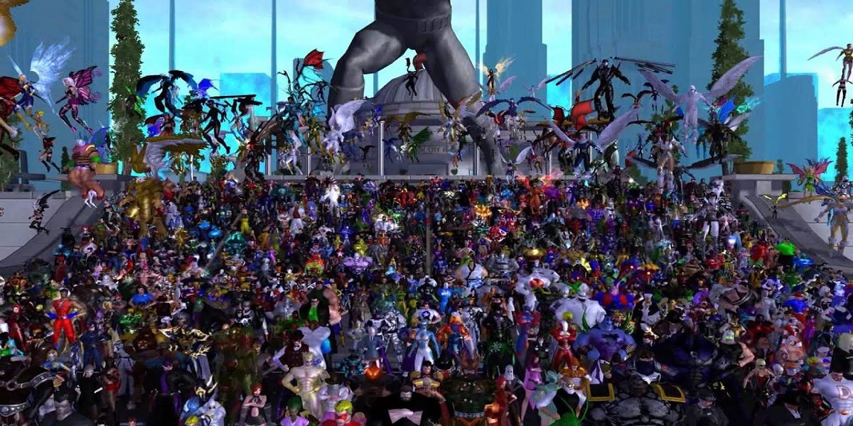 Una gran multitud de personajes jugadores juntos en City of Heroes.