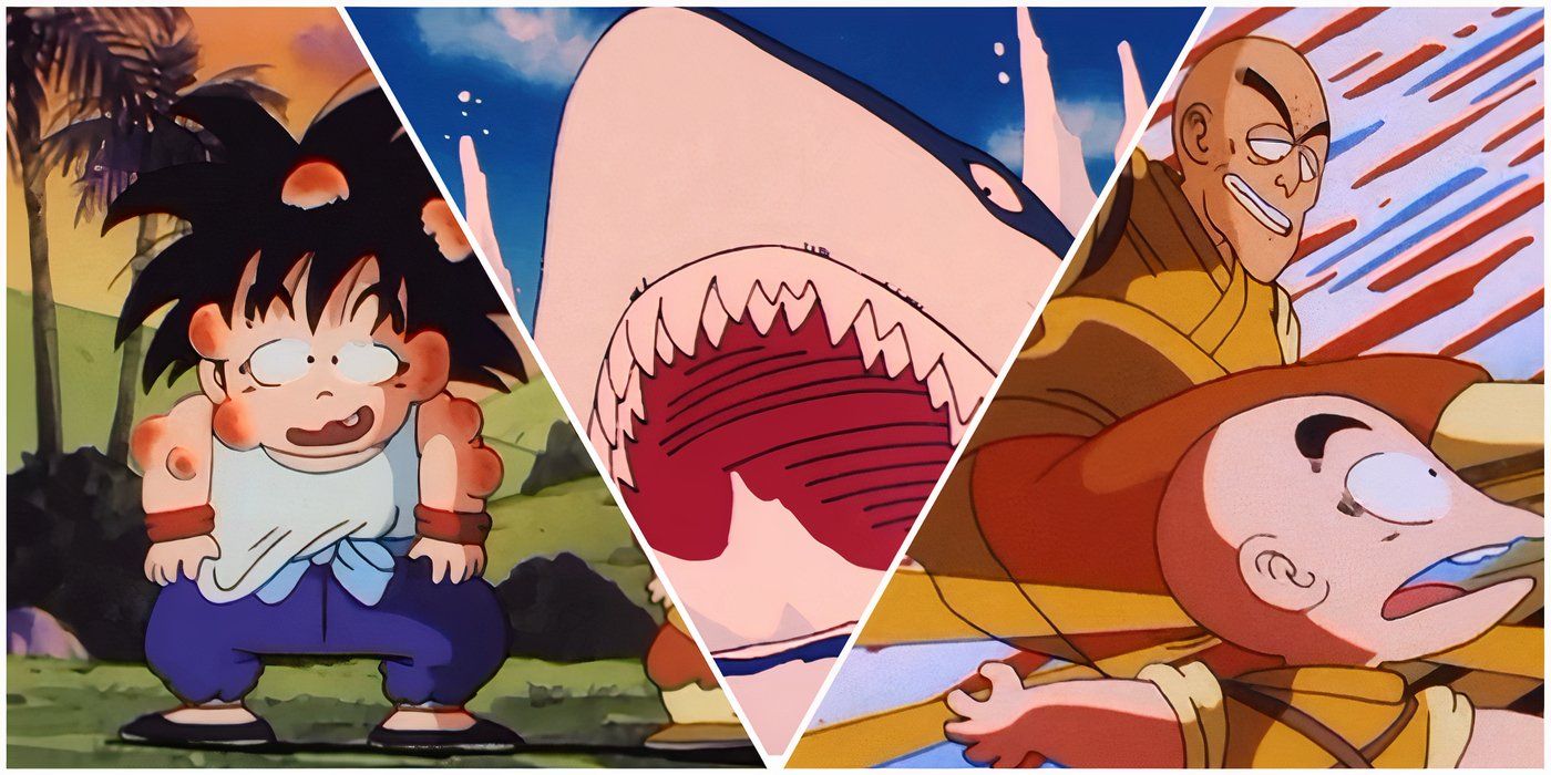 The injured Goku, a shark and the beaten up Krillin from Dragon Ball Episode 18.