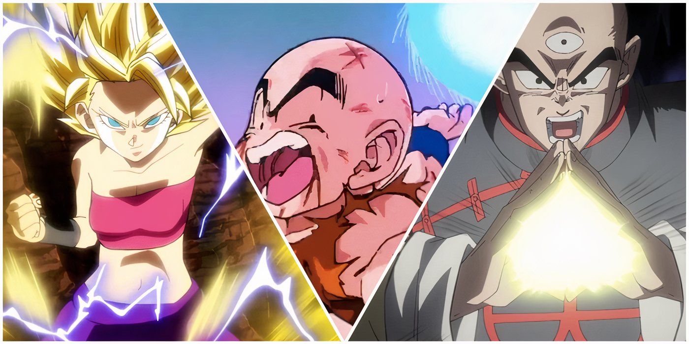 Caulifla, Krillin and Tien from Dragon Ball.