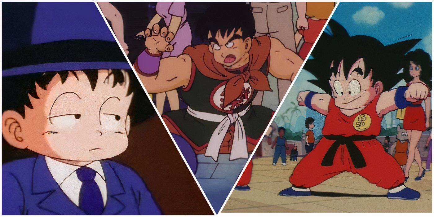 Goku in suit, Yamcha and Goku in gi in Dragon Ball Episode 19.