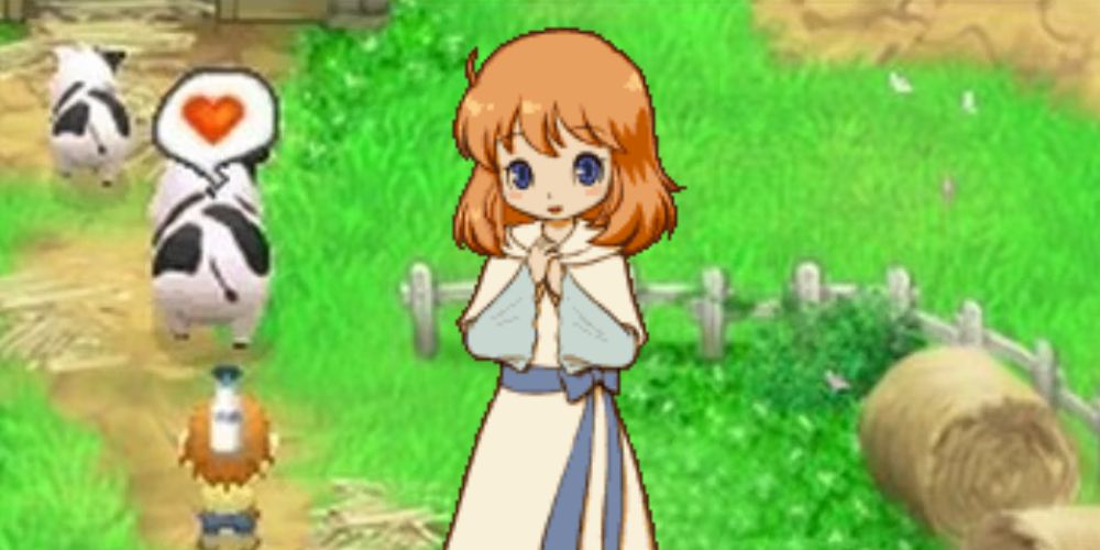 Alisa's blushing goblin overlays the field from Harvest Moon: The Tale of Two Towns.