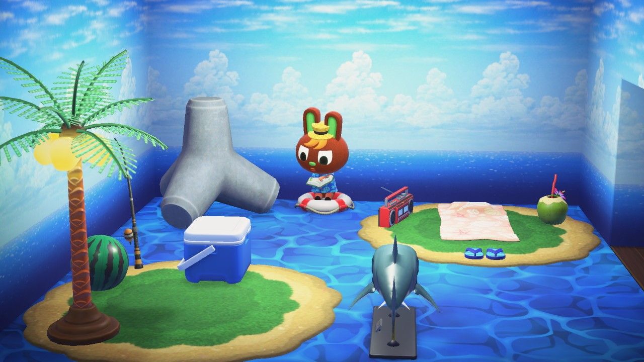 Animal Crossing New Horizons O'Hare sentado em sua casa lendo