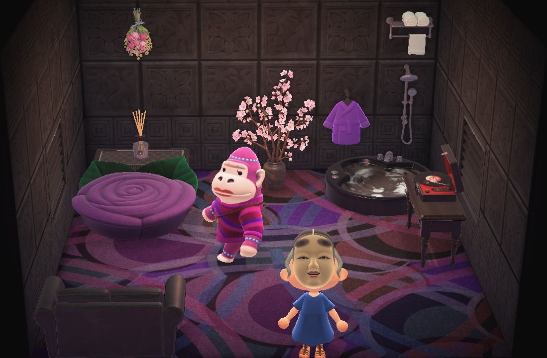 Animal Crossing New Horizons Violet andando em sua casa com o jogador