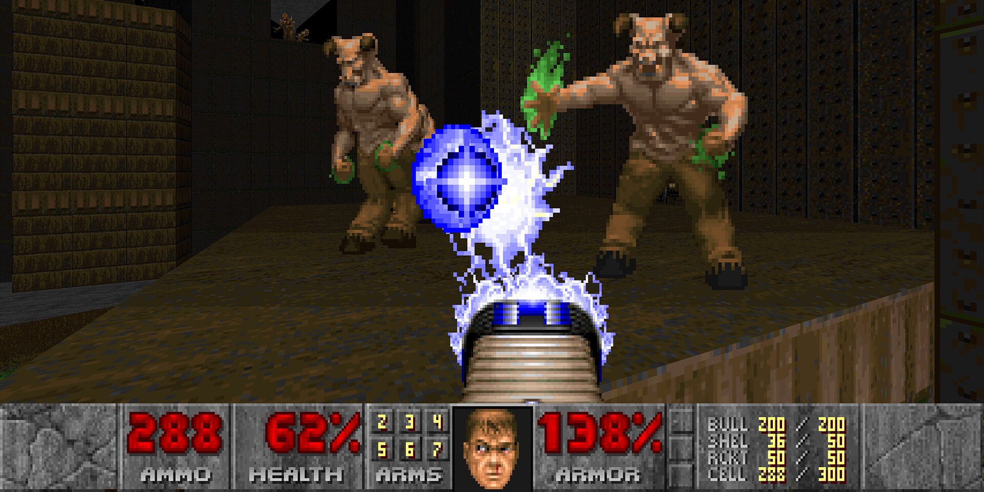 Doomguy lutando contra dois Barões do Inferno em Doom + Doom II