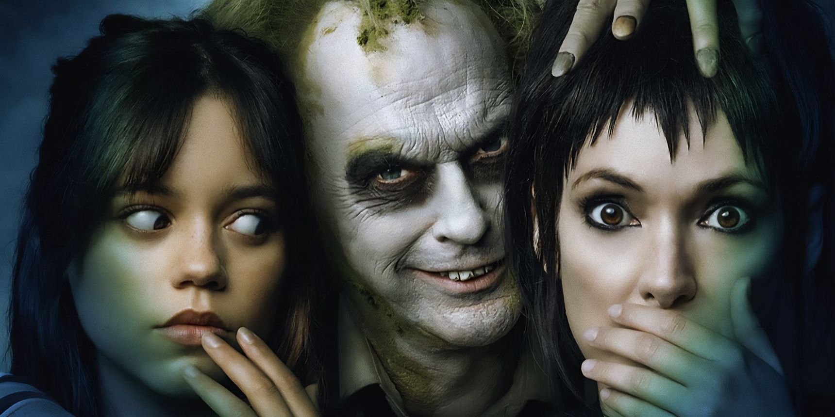 Jenna Ortega, Michael Keaton, and Winona Ryder appear on a poster for Beetlejuice Beetlejuice