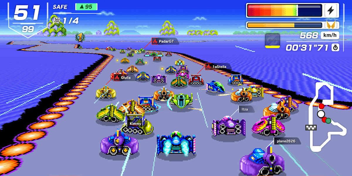 A large group of players racing on Big Blue in F-Zero 99.