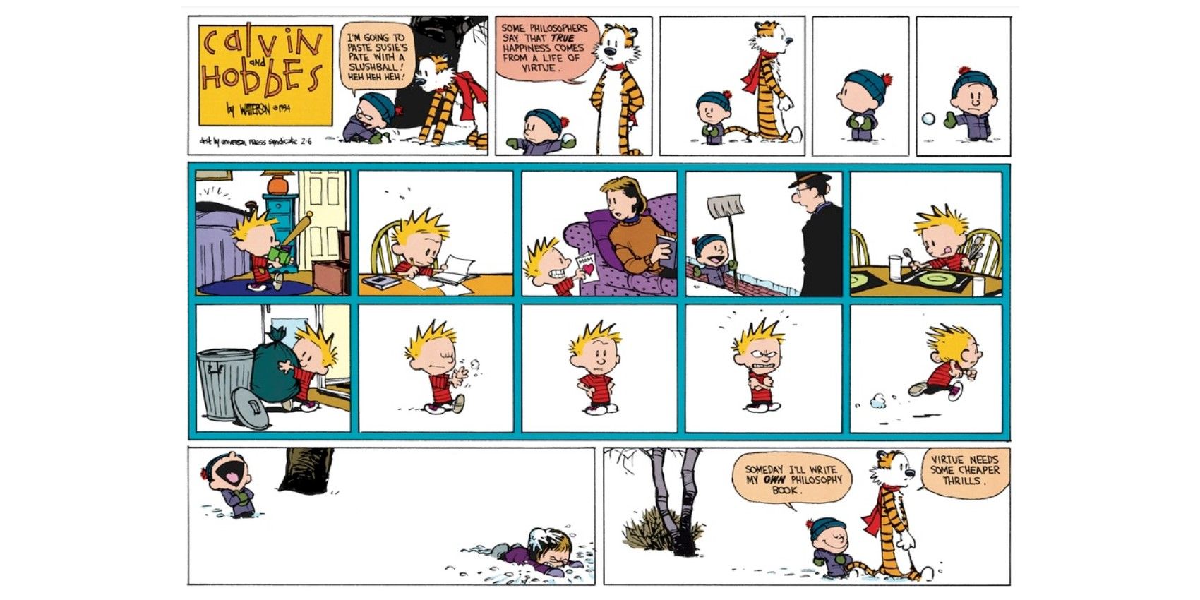 Calvin involuntariamente tropeça nos primórdios de suas próprias filosofias em Calvin e Hobbes