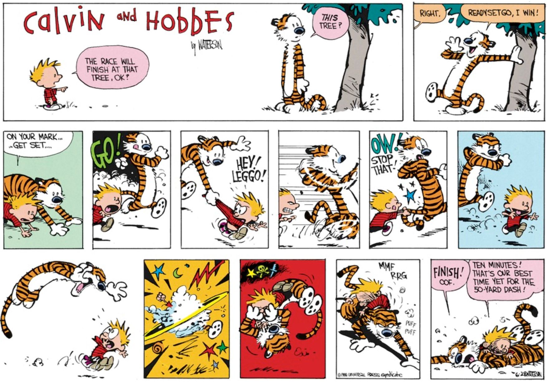 Calvin and Hobbes compete in their own version of the 50 Yard Dash while tackling each other