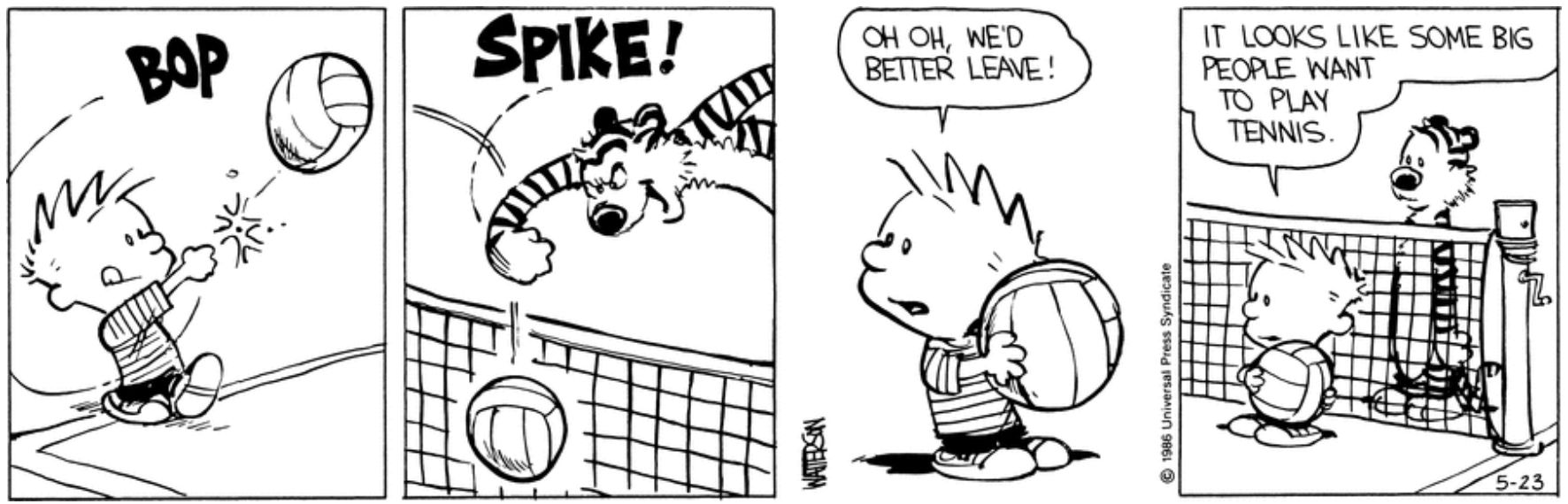 Calvin and Hobbes playing volleyball on a tennis court