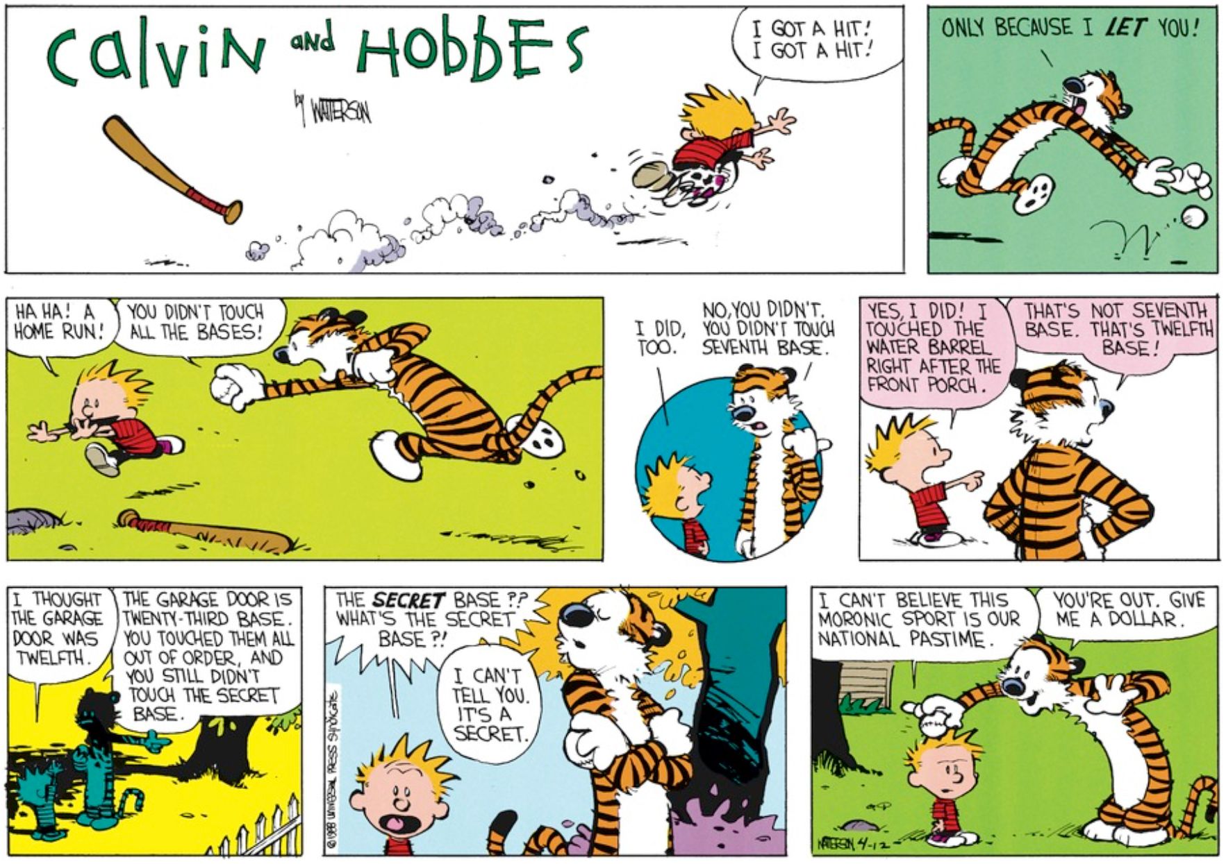 Hobbes explains to Calvin that he touched the bases out of order and did not touch the secret base while playing baseball.