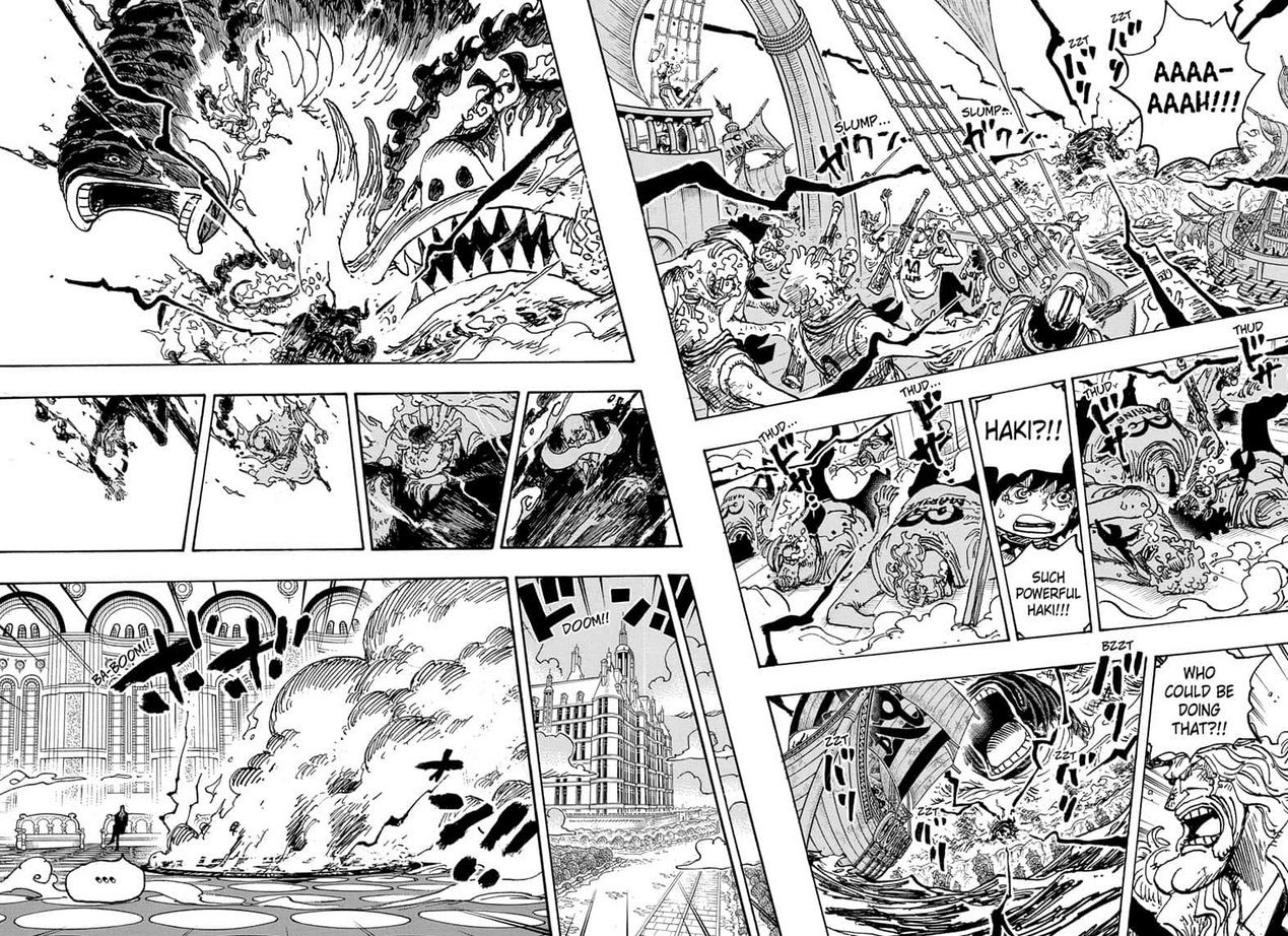 Pages from the One Piece manga Chapter 1122 show the Five Elders affected by Emet's haki.