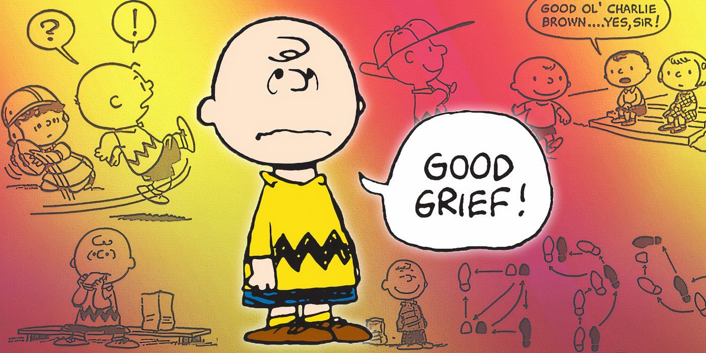 Charlie Brown with his best Peanuts moments in the background