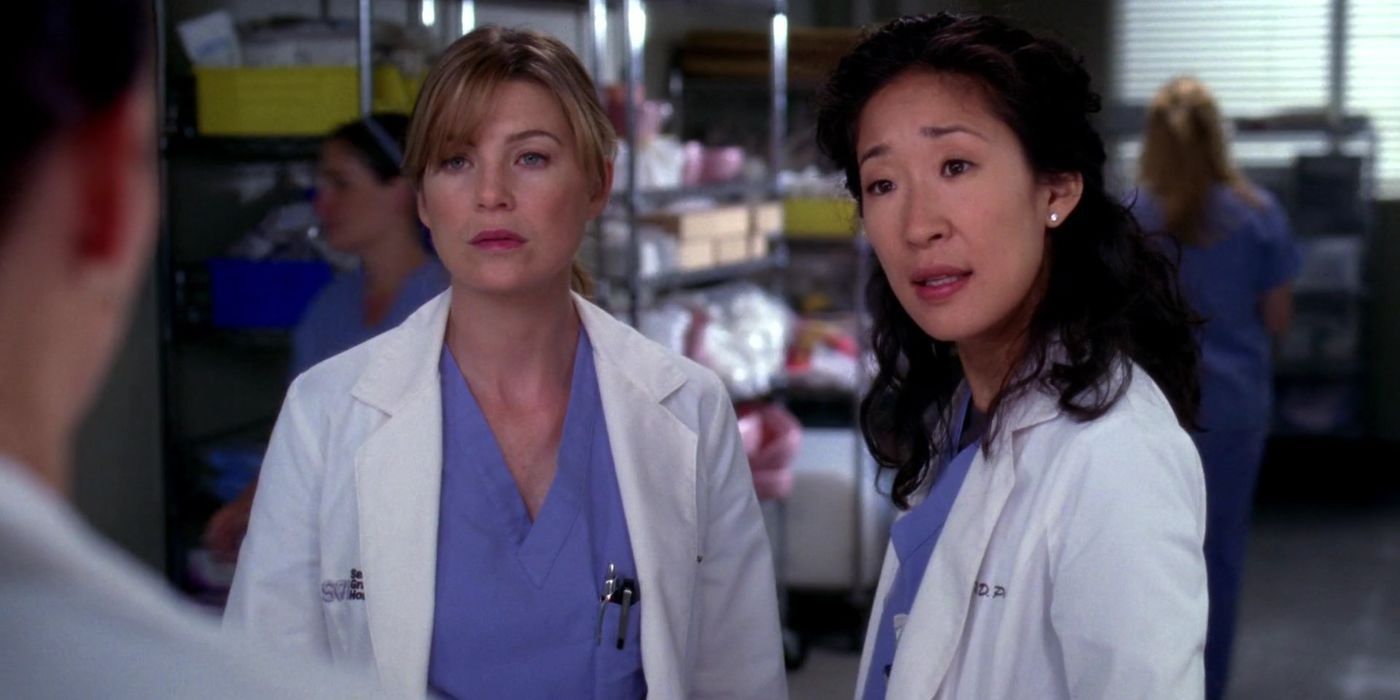 Dr. Cristina Yang and Dr. Meredith Grey looking at Lexie Grey in a confusing way at the hospital in Grey's Anatomy