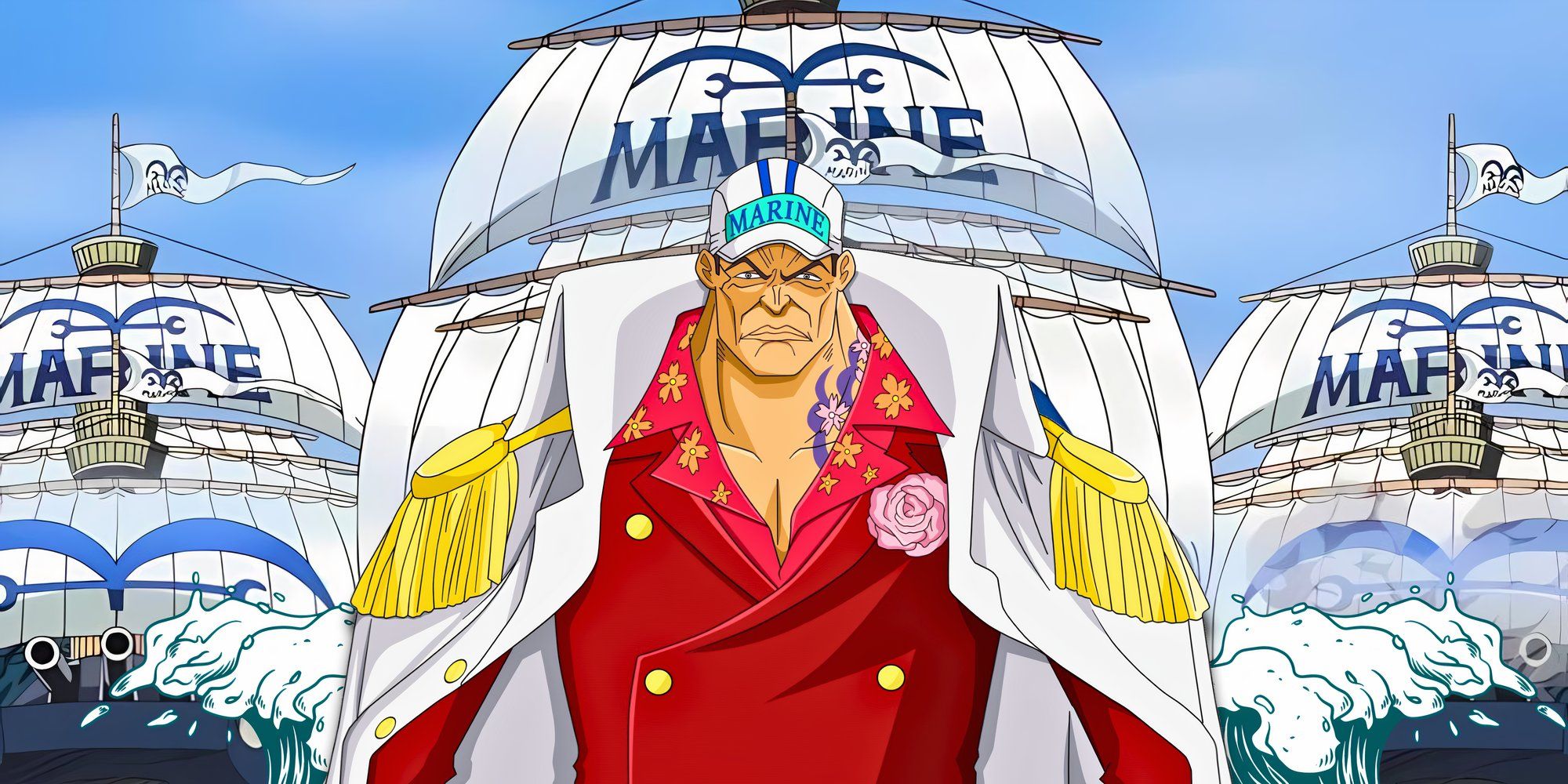 Custom image of Akainu standing in front of marine ships in One Piece