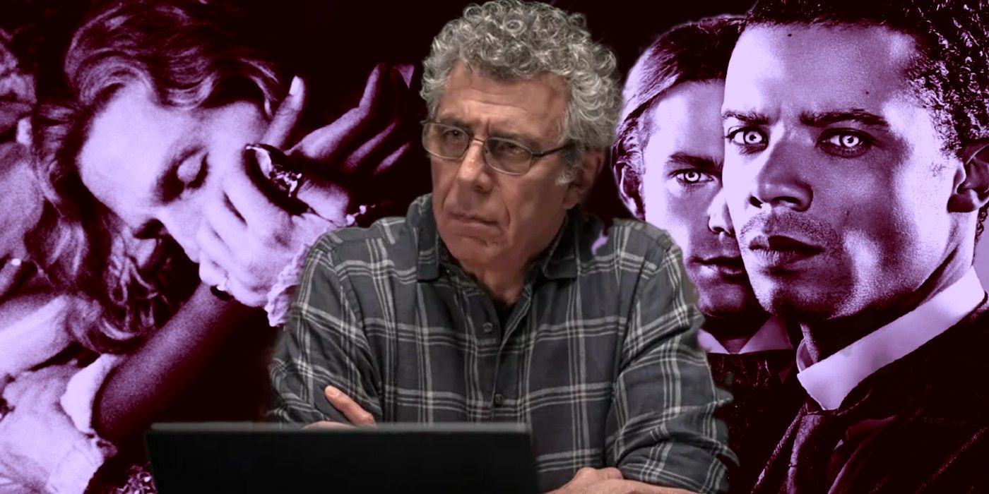 Daniel Molloy (Eric Bogosian) sits at his laptop while Lestat (Tom Cruise) and the cast of AMC's Interview with the Vampire (Sam Reid and Jacob Anderson) loom in the background.