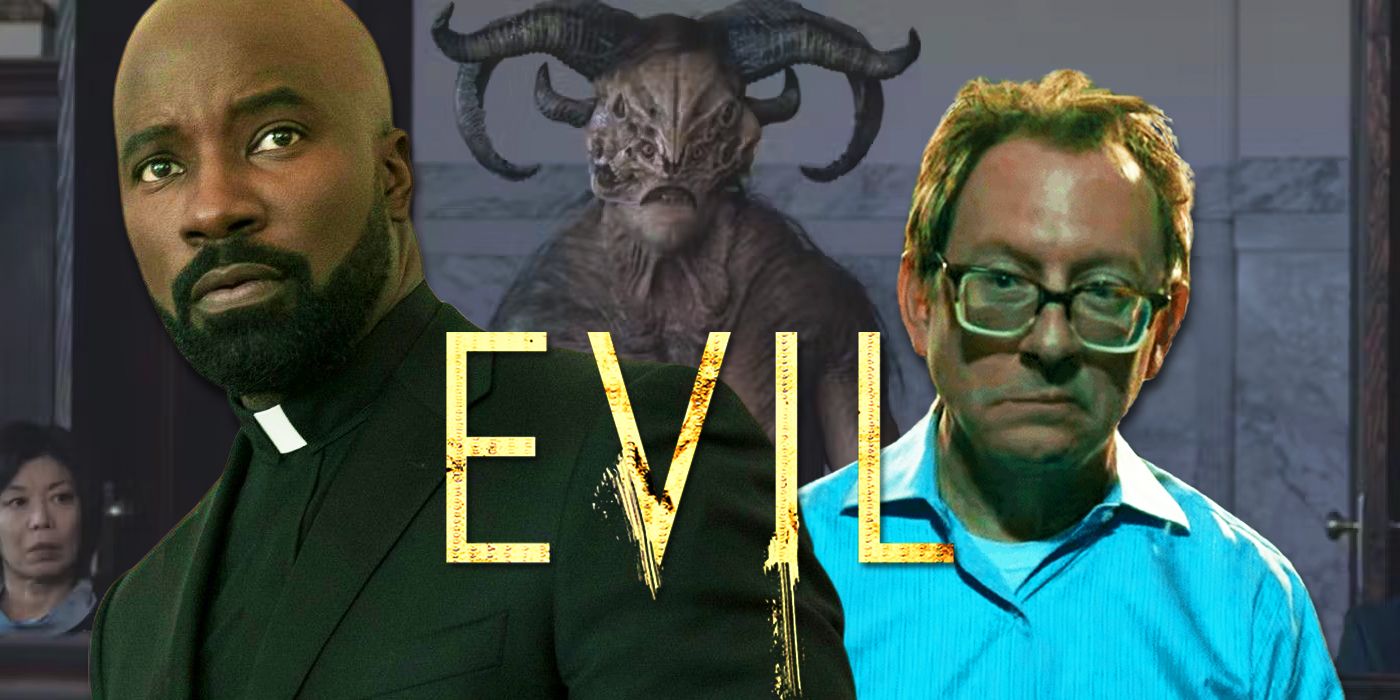 The logo of the TV show “The Evil” between pictures of David (Mike Colter) and Leland (Michael Emerson) with demon