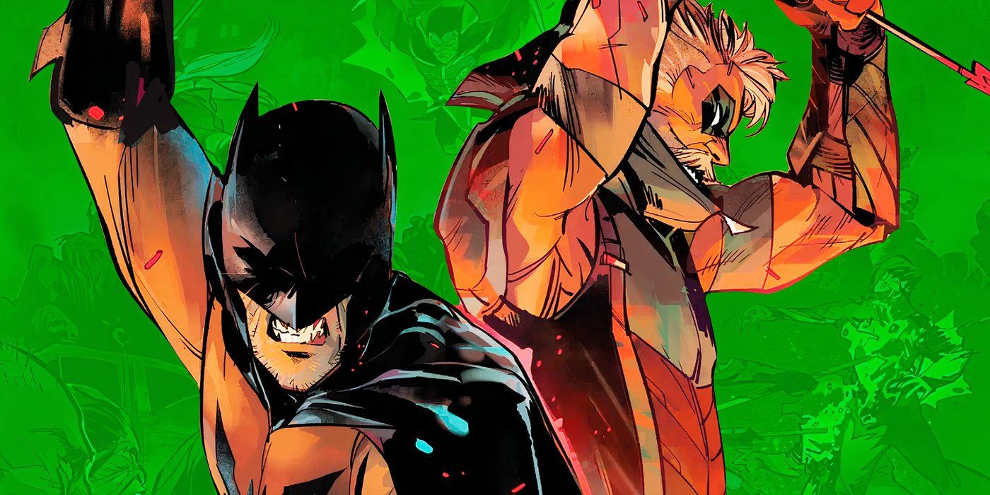 Batman and Green Arrow attack vampires on a green backdrop in DC vs. Vampires: World War V