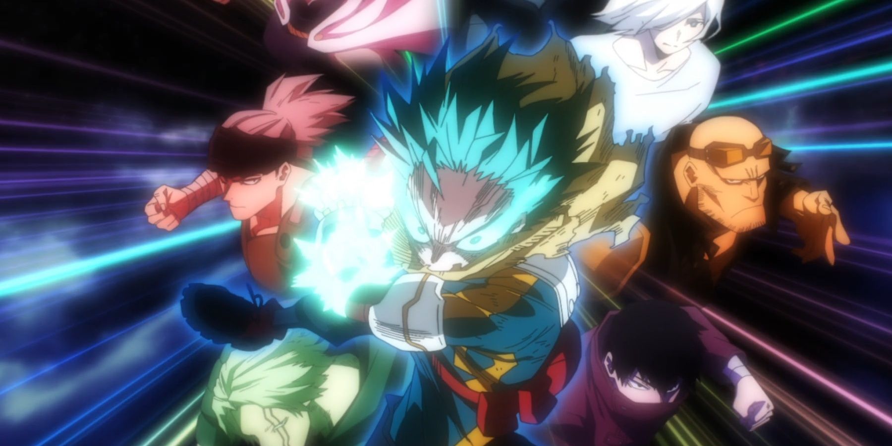 Deku charges forward with the seven users of “One for All”.