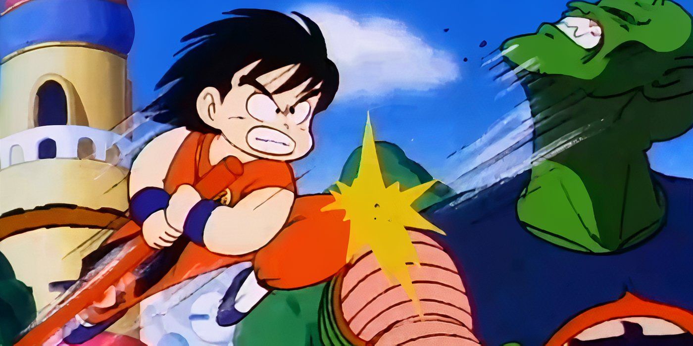 Goku ataca al Rey Piccolo con su Power Pole en Dragon Ball.