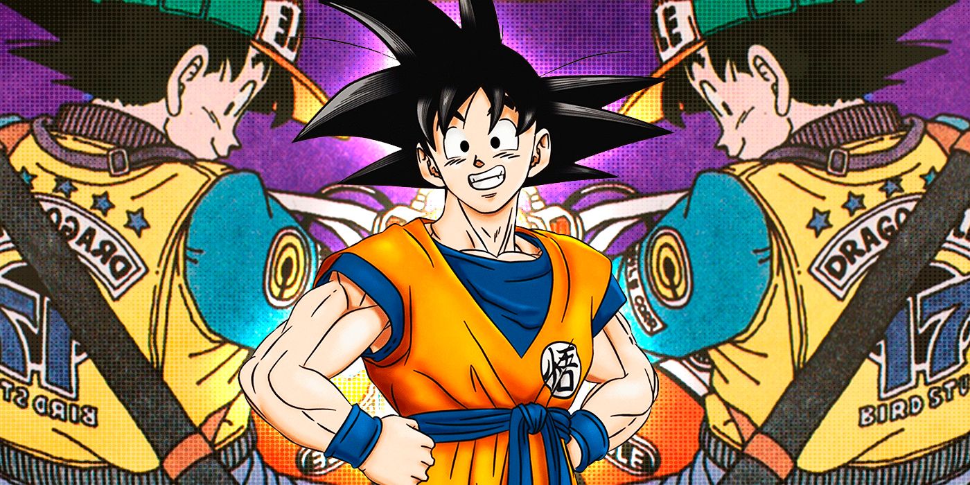 Dragon Ball's Goku stands in front of Volume 17/Dragon Ball Z Volume 1 variant color cover