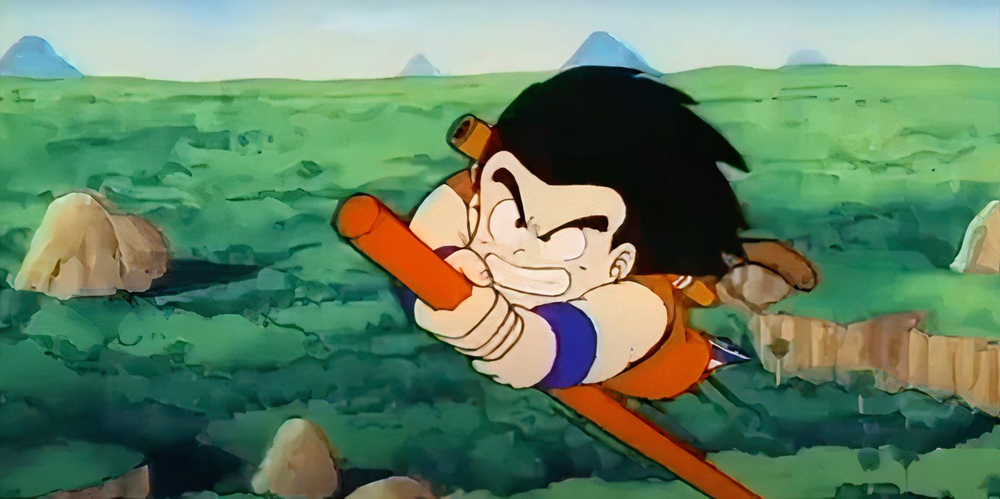 Goku uses his Power Pole to propel himself into the air towards Tambourine in Dragon Ball.