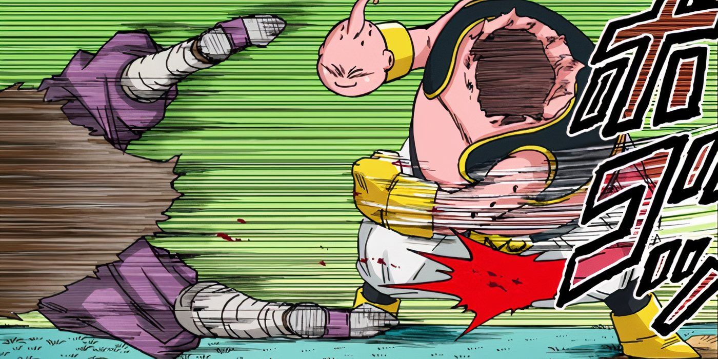 Buu, with his head in his fist, punches out Moro in Dragon Ball Super manga.