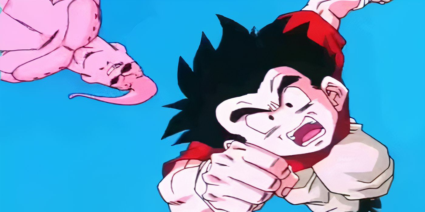 Super Buu prepares to turn Krillin into chocolate in Dragon Ball Z.