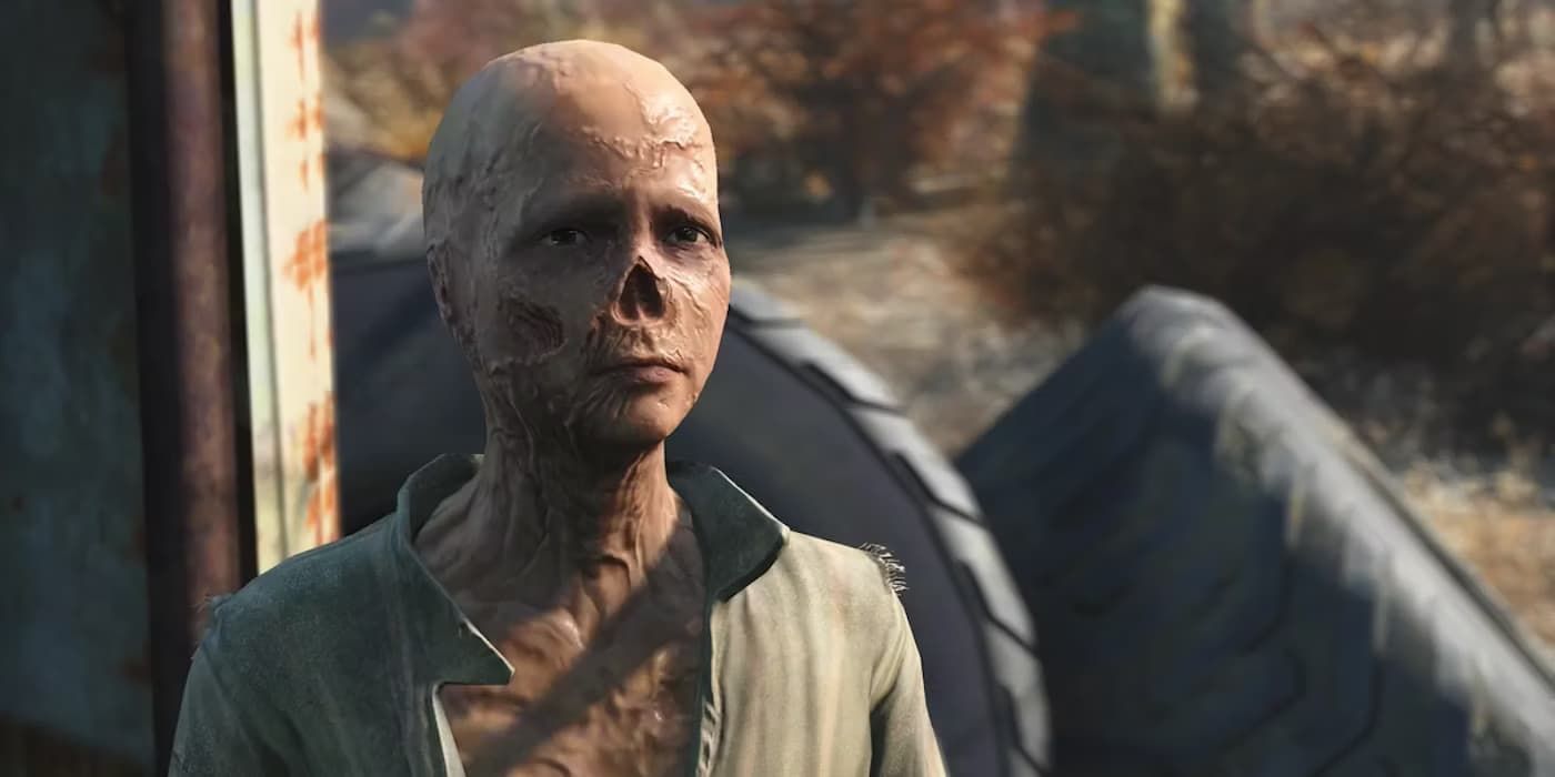 A missão Kid in a Fridge do Fallout 4 do lado de fora com a pele do menino rasgada.