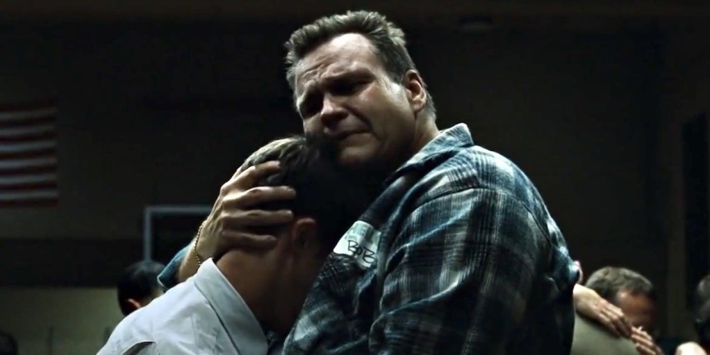 An angry Bob (Meat Loaf) hugs the narrator (actor Edward Norton) in the movie Fight Club