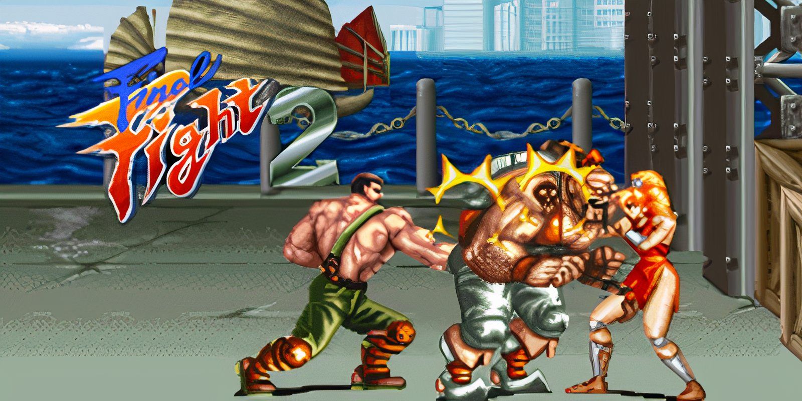 Maki and Hagger strike an enemy in the cover art of Final Fight 2.