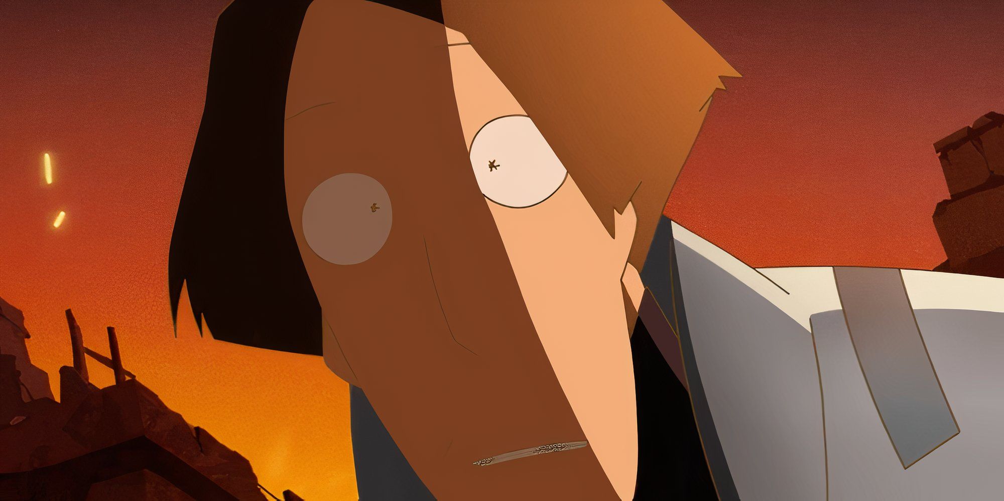 Frank from Rick and Morty_ The Anime, looking down at a fallen Morty