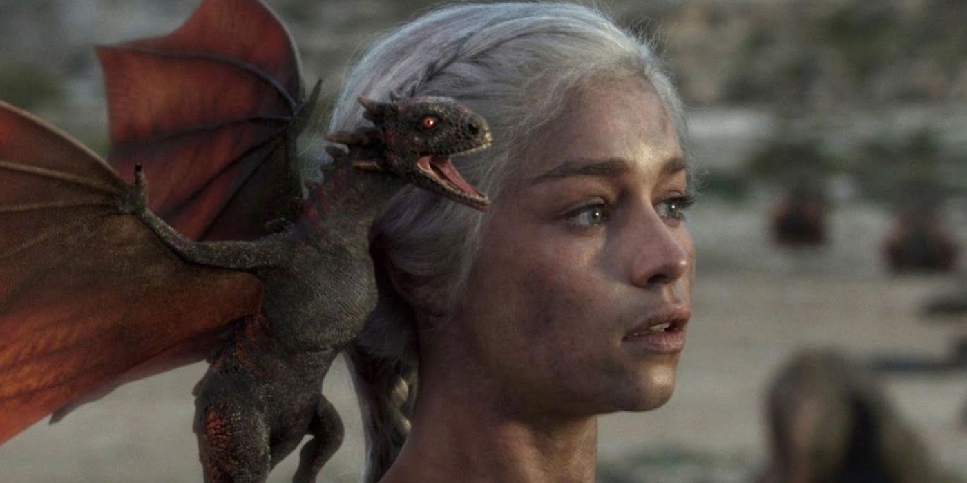 Dragon on Daenerys Targaryen's shoulder in Game of Thrones