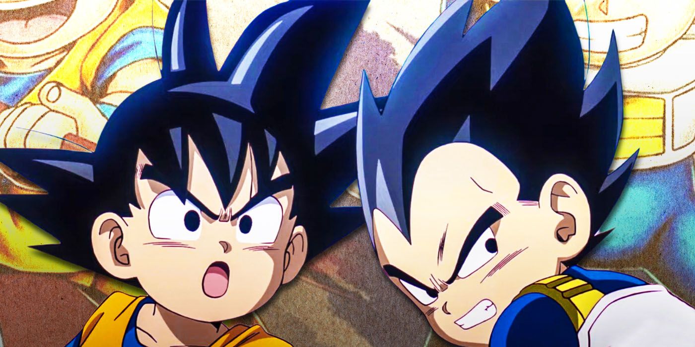 Goku and Vegeta in Dragon Ball Daima and new Fusion World artwork behind it