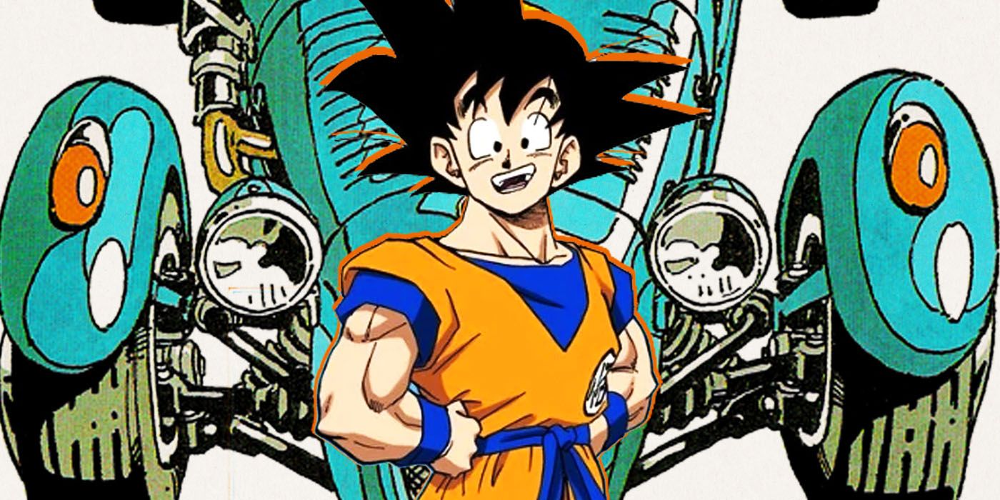 Goku from Dragon Ball in front of a blue-green Bugatti-style racing car